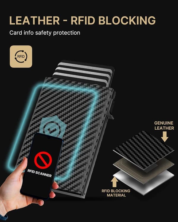 Men's Wallet with Card Slots: Pop-up Aluminum Case, Genuine Leather, Smart, RFID Blocking, Slim, Minimalist, Front Pocket - 9-14 Card Capacity