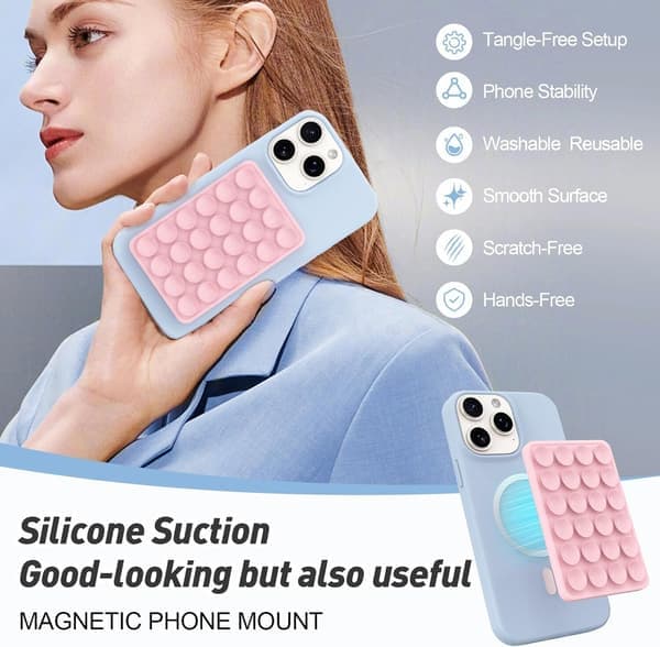 Magnetic Suction Cup Holder for MagSafe Cases, Silicone Sticky Phone Grip for iPhone_xx Pink