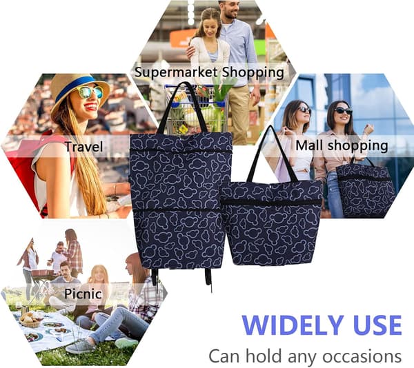 Foldbar Handlebag med Hjul, Vikbar Kvinnelig Gjenbrukbar Multifunksjonell Handlepose Reiseveske Stor Kapasitet