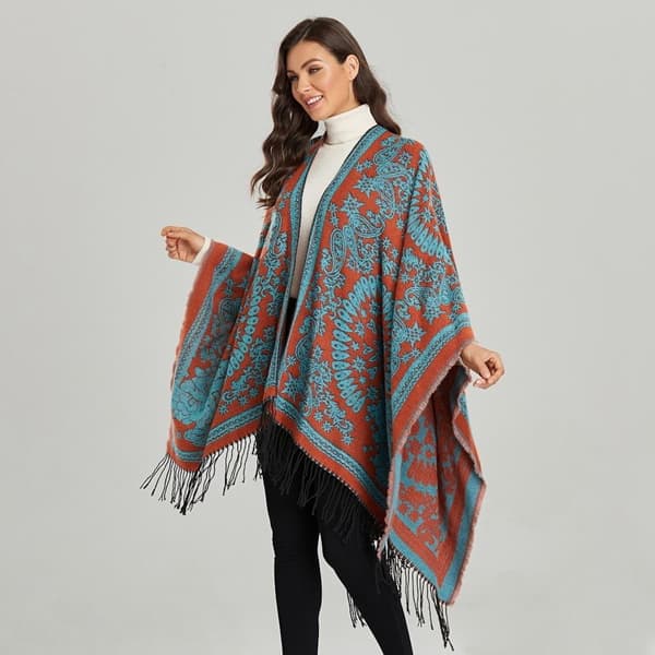 Sjal med fransad fåll Pashmina Vinter Varm Etnisk Stil Poncho Öppen Front Cape för Dam