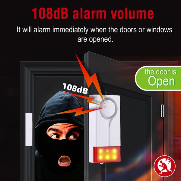 Dør- og vindusalarm - trådløs alarm med 105db høy lyd og sterkt lys, enkel å installere (inkluderer 1 alarm og 1 fjernkontroll)