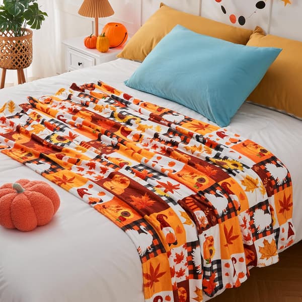 Efterårstæppe, græskarblade efterårsplaidtæppe til sofa seng sofa, orange ternet tæppe til efterår, (50\"x60\")