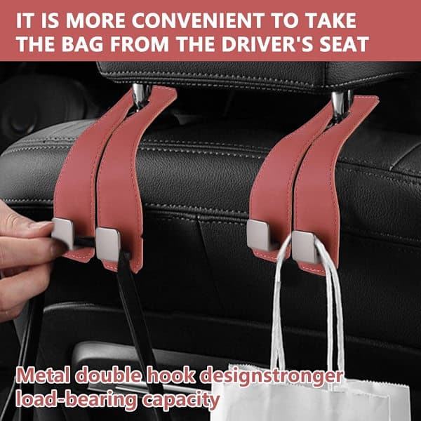 2-pack upgraded car seat hooks, premium leather headrest hooks with metal hooks, back seat storage bag (black)