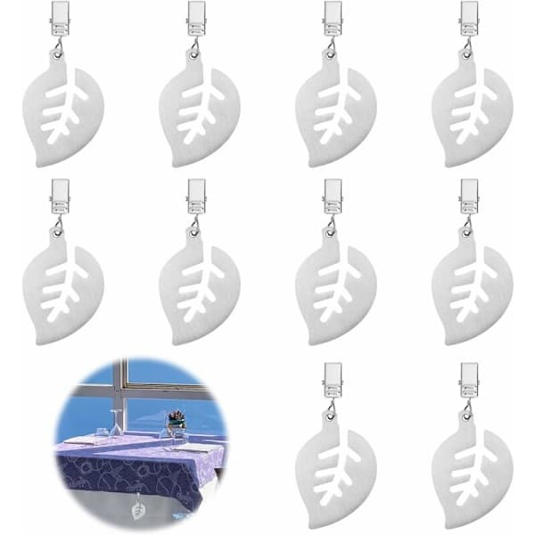 10-pack Tablecloth Weights with Clips Stainless Steel, Leaf Pattern, Tablecloth Clips with Clamps for Garden Picnic Party Kitchen Restaurant