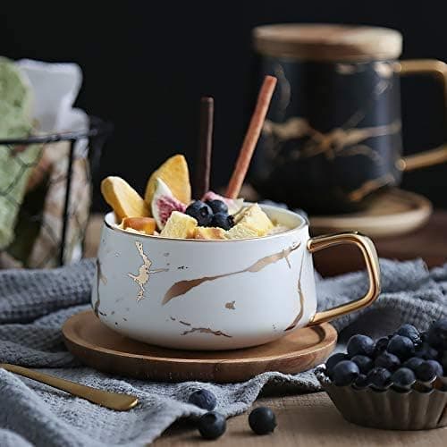 Cappuccinokoppar med fat, 300 ml porslins espressokoppar för te, kaffe, cappuccino, kaffekoppar med träbricka - vit Vit White