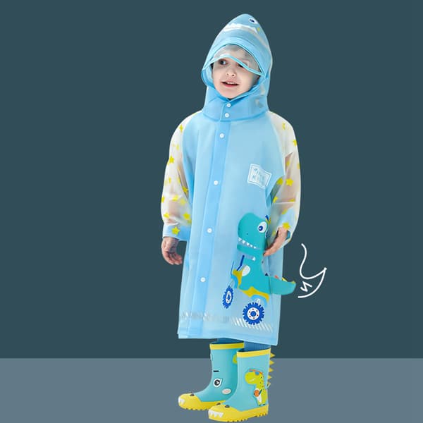 Kids Raincoat, Blue Dinosaur, Waterproof, Outdoor