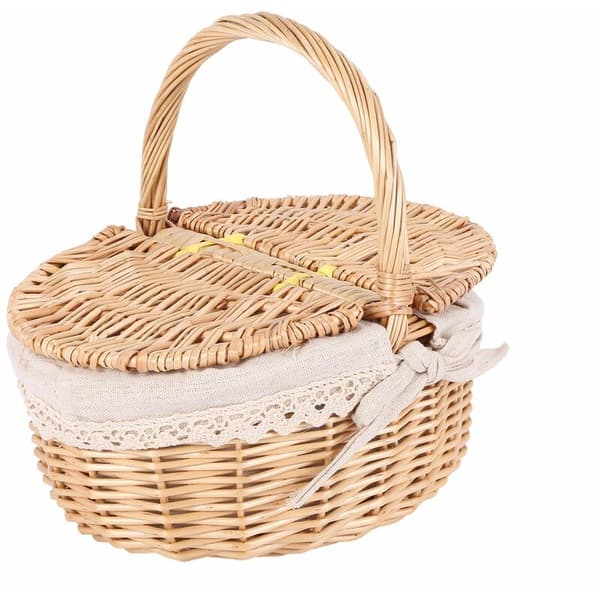Handmade Rattan Basket with Handle Camping Picnic Rattan Basket with Double Lids Storage Basket with Fabric Lining