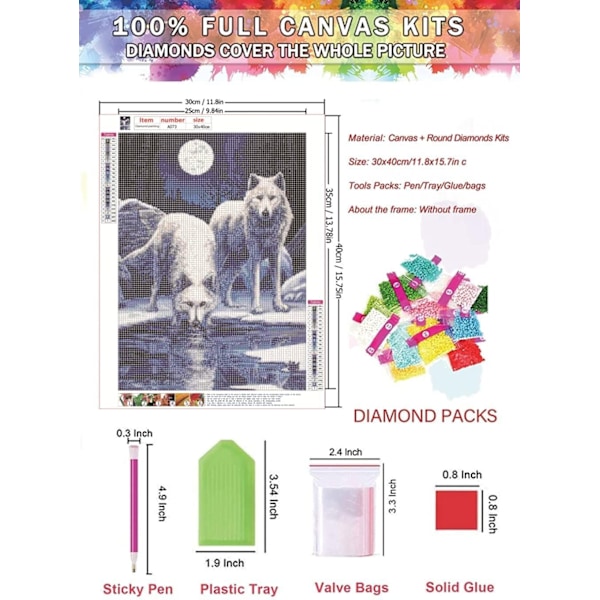 Valkoinen susi timanttimaalaussetti kotiin DIY 5D täysi timanttimaalaussetti aikuisille ja lapsille pyöreät timantit