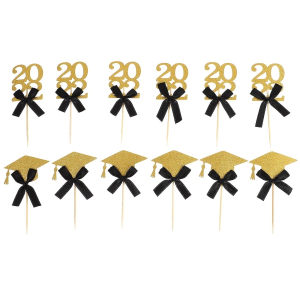 12 stk. Grad Cupcake Toppers Graduation Kageindsætning Toppers Kagepynt Sort 10.8X6CM Black 10.8X6CM