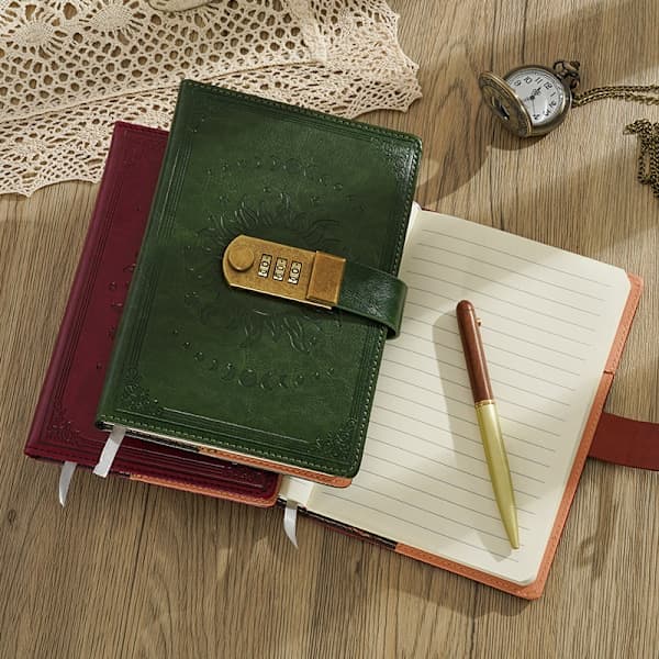 B6 Locked Diary, Leather Locked Diary with Password, Retro Handbook Diary, Student Notebook B6 (13.5x19.8 cm) Green-FS- Green A5