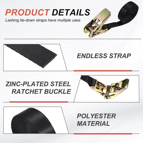 2 Tie-Down Straps - 2.5 cm x 3 m, Ratchet Tie-Down Straps, 800 kg Breaking Strength - for Cargo, Motorcycles - Black