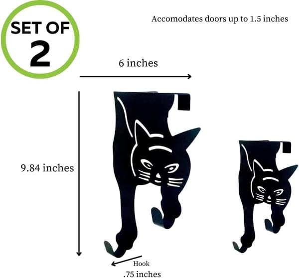 Cat Door Hooks - 2-pack Black - Door Organizer - Sturdy Metal Hooks