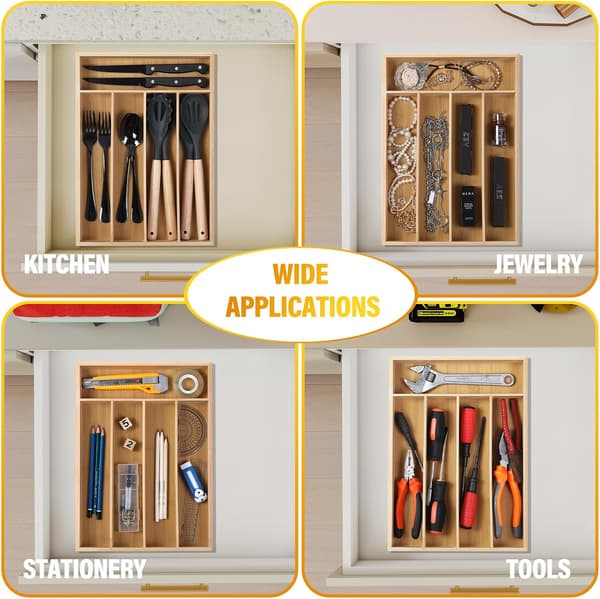 Bamboo Tableware Storage Box and Tray; Bamboo and Wood Kitchen Drawer; 5 Compartments with Dividers, 33.3*34.9*4cm