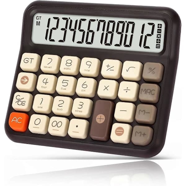 Desktop Calculator 12 Digits, Retro Cute Basic Calculator with Extra Large LCD Display and Buttons - Brown