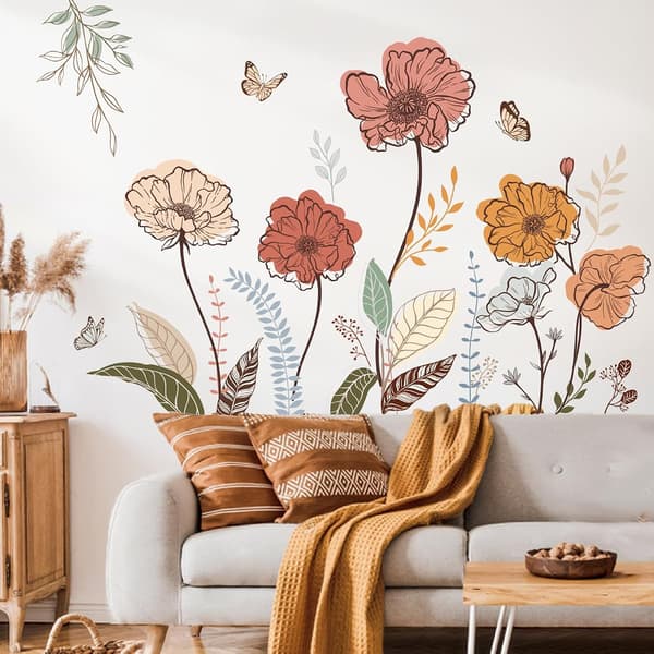 Boho Blomsterväggdekaler Vildblomma Blommig Gräs Skala och Fäst Väggkonst Dekaler för Vardagsrum Sovrum TV-vägg