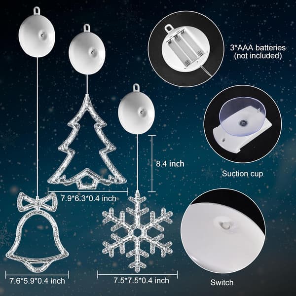 3-pack Christmas Window Lights Decorations with Timer, Battery Operated Christmas Hanging Warm White Luminous Snowflake Tree Bells Shaped LED Suction Cup for
