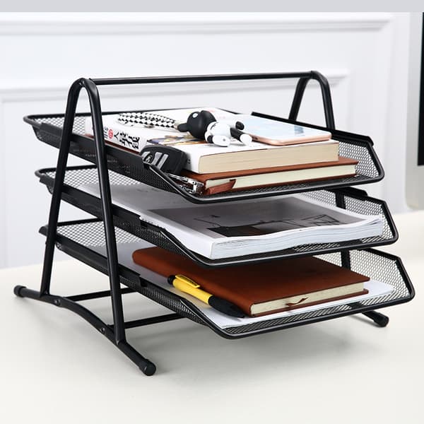 3-tier Black Desk and Document Organizer. A4 Paper, Desk Drawer, File Folders, Computer Desk, Drawer Organizer, Black Metal Mesh Material