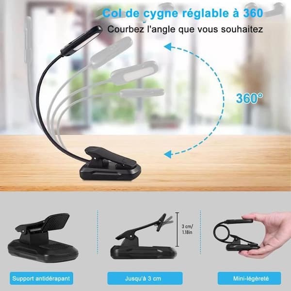 Reading Lamp - Rechargeable - 3 Brightness Levels - 360° Flexible Neck