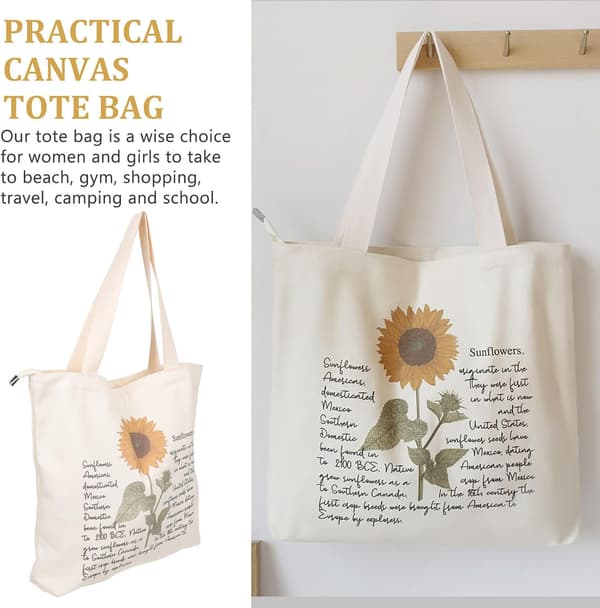 Blomster Tote Bag Beige Lerret Gjenbrukbar Handleveske for Kvinner