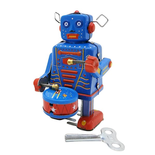 1 stk. urværksrobotlegetøj i blik, vintage pull-back legetøj, barndomsminde, antikt legetøj