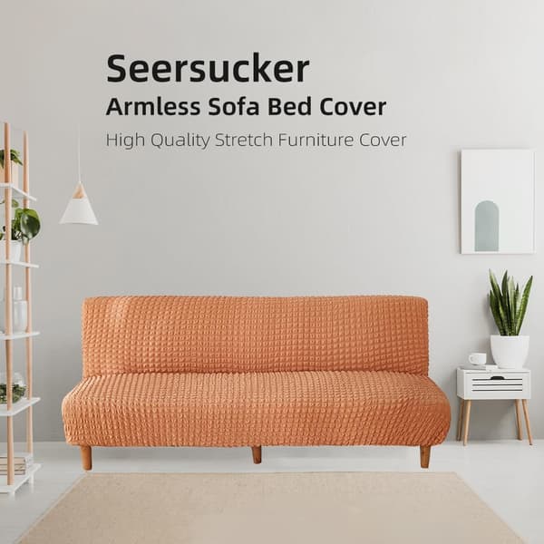 (Beige, 3-sits) Elastiskt armlöst sofföverdrag 2/3-sits soffa, Seersucker bäddsofföverdrag Universellt heltäckande vikbart soffskydd