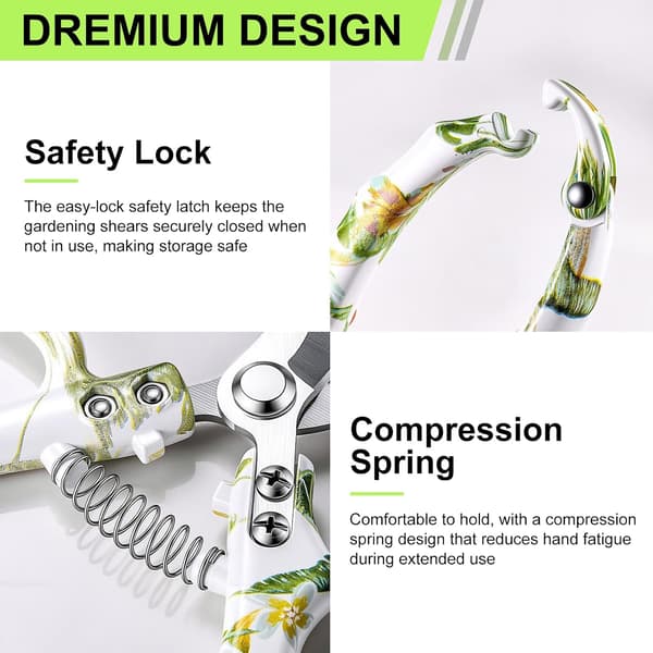Garden Pruners 2-pack, Bypass Pruner and Straight Garden Shears, Easy Lock, Floral Pattern, Professional Garden Scissors