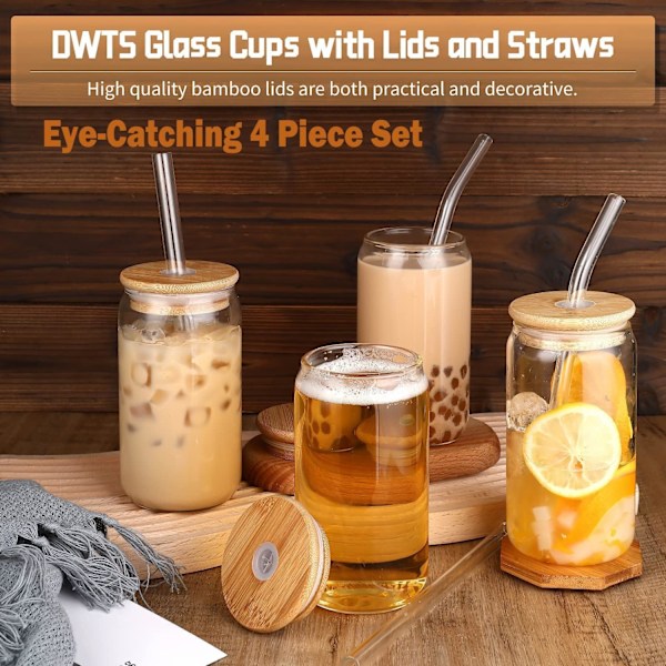 Glasmuggar med lock och sugrör 4-pack - DWTS Kaffemuggar, Dricksglas set, Glas tumbler med sugrör