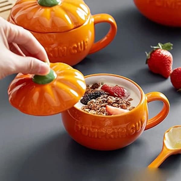 Halloween Ceramic Pumpkin Mug, Cute Pumpkin Cup, Ceramic Coffee Mug, 350ml Teacup with Lid (cup) S