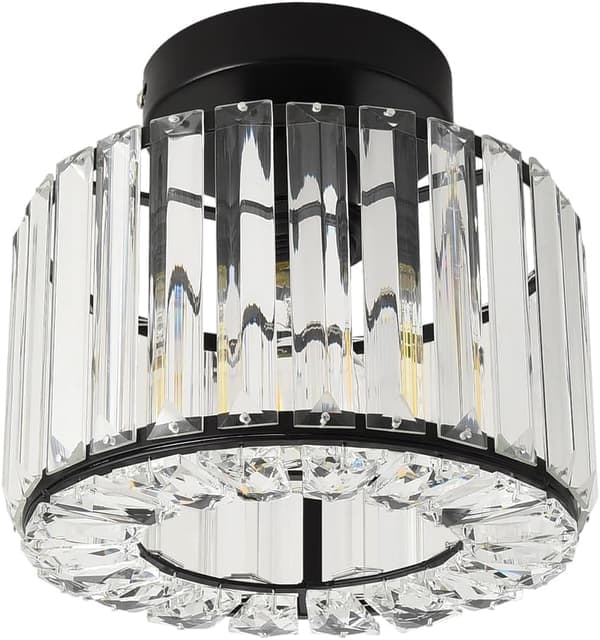 Crystal Semi Flush Mount Ceiling Light, Modern Small Black Chandelier for Hallway Entryway Closet Bedroom, Fits E26 Base Bulbs [Ho]