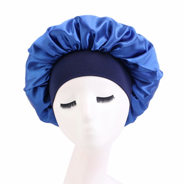 Silkkinen cap naisille, kaksikerroksinen silkkinen yöhuppu nukkuville kiharille hiuksille, säädettävä silkkihiuskääre, jossa on elastinen pysyvyys päässä Dark blue 1pcs