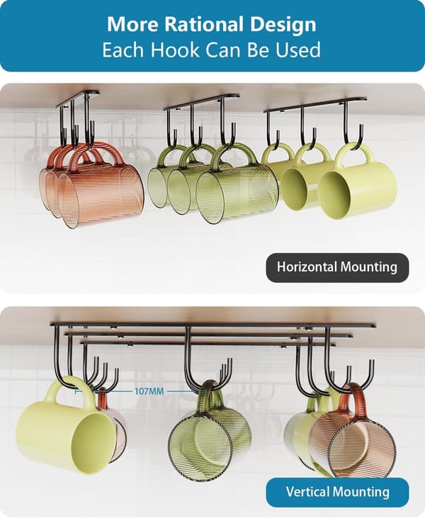 3 Cup Hooks Under Cabinet, Coffee Mug Rack Hanging Under Shelf, 9-Hook Cup Holder for Displaying Mugs Coffee Cups Kitchen Utensils - Black