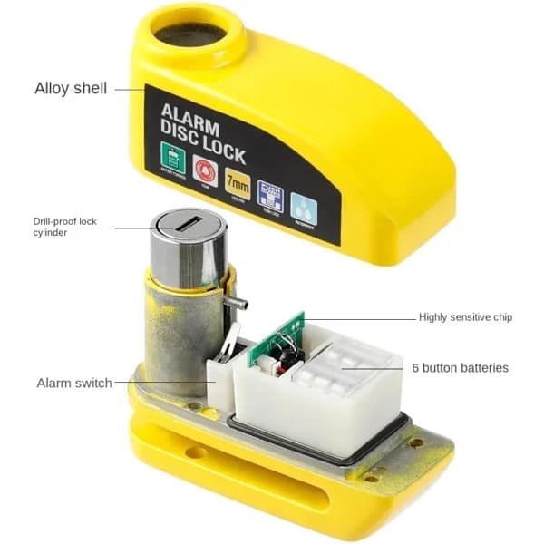 Disc Brake Lock with Alarm, Disc Lock with Alarm, with Reminder Cable, 7mm, Motorcycle Lock, Scooter Lock