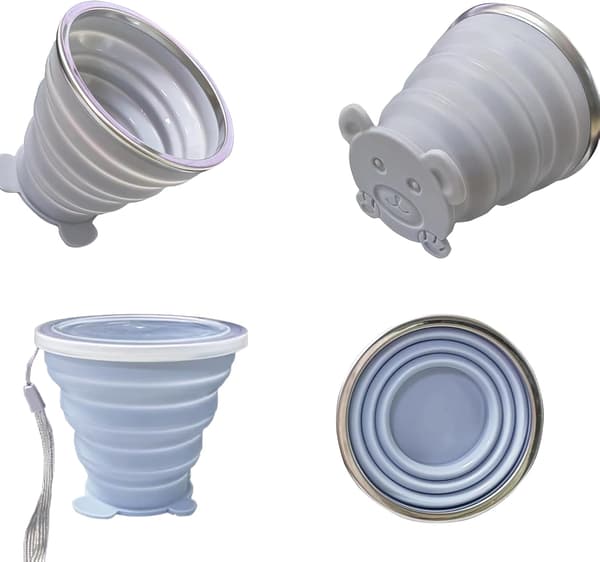 Foldable Silicone Cup with Lid - Small Collapsible Drinking Cup for Travel, Camping, Outdoor | Portable & Reusable (Blue+Grey, 180ml)