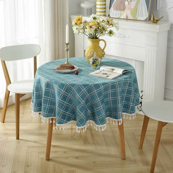 Rund bomulls- och linneduk, fläckresistent, fransad bordsduk, maskintvättbar, 140x140 cm