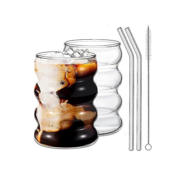 4-pack Glas Söt Krusning Retro Vattenglas Med Sugrör Räfflat Glasvaror Kök Kaffe Juice Set-hao