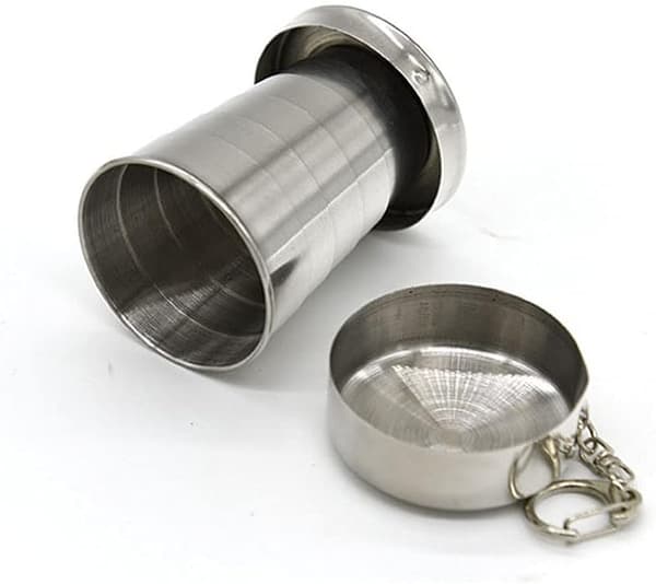Sammenklappelig krus i rustfrit stål med låg & nøglering - 75ml/2.5oz Genanvendelig til camping, vandring, udendørs | 2-pak