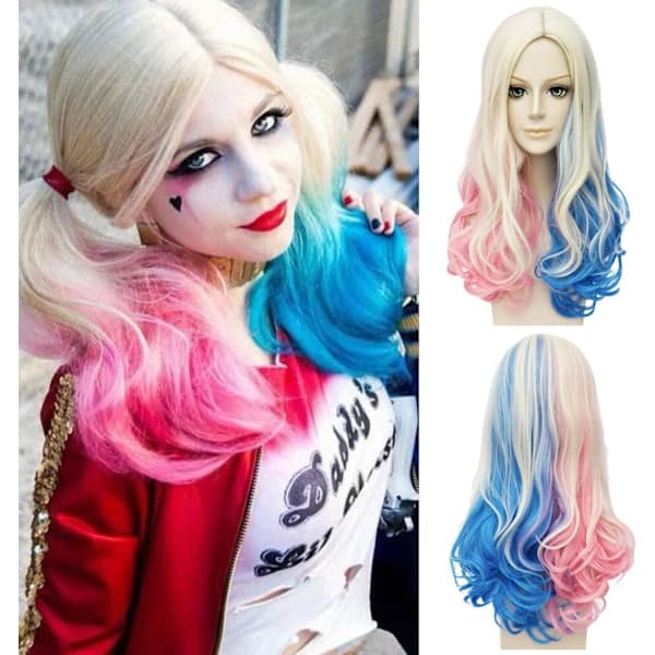 Harley Quinn Cosplay Paryk til Kvinder - Lang Blond med Blå & Lyserøde Spidser [JUN]