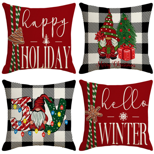 Julepudebetræk, rustikt ferielinnedpudebetræk, rød og hvid, til sofa, lænestol, juledekoration C 4PCS