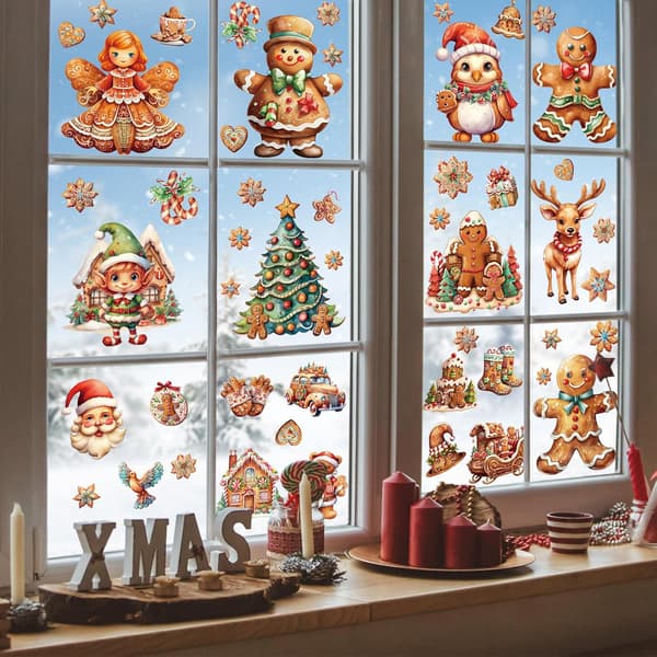 Christmas Window Decals Gingerbread Man Candy Tree Removable Glass Decoration Double-Sided Static Cling Film For All Windows 9 Sheets