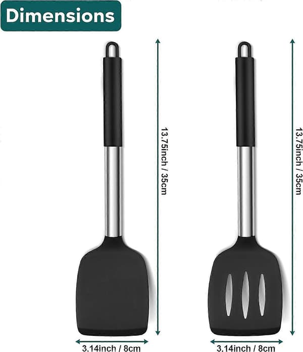 Silicone Spatula, 2-pack, Turner/Non-stick Kitchen Spatula Ideal for Fish, Eggs, Pancakes, Heat Resistant & Dishwasher Safe, Black