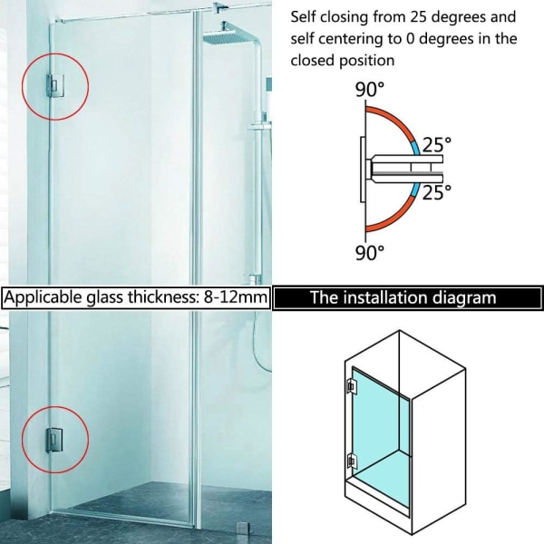 Duschdörrgångjärn i glas, Gångjärn för glasdörrar, Kraftig rostfritt stål 90 graders skåpgångjärn Vägg till glas, Ramlös dusch