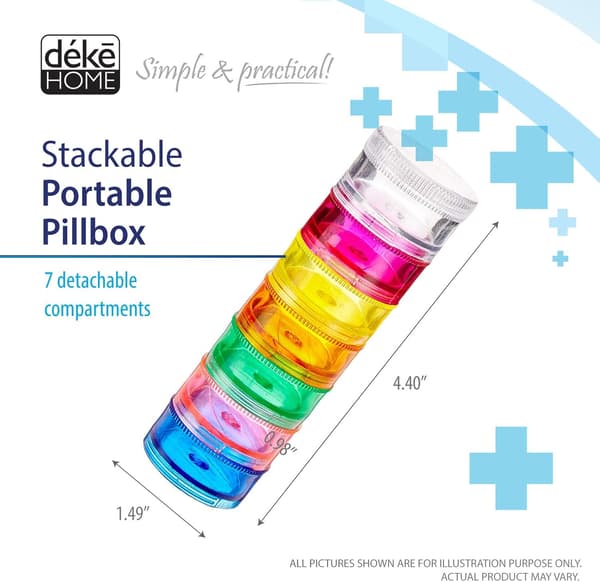 Stackable Pill Box (2-pack), 7-Day Weekly Pill Box Tower with Twist-Lock Compartments, BPA-Free, Travel Medicine Container and Vitamin Dispenser, Com