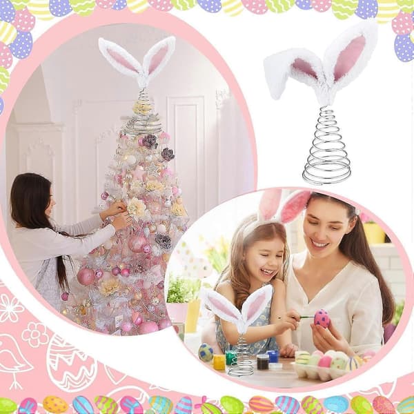 Feather Tree Topper Bunny Ear Tree Topper Plush Rabbit Easter Tree Top with Metal Spiral Base Compatible with Festive Decoration