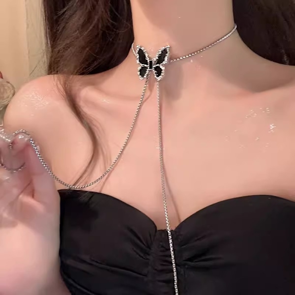 Lucky Butterfly Choker Necklace For Women,Long Double Layer Pendant Big Butterfly Pull Necklace Adjustable Chain Trendy Neck