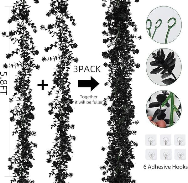 Halloween Black Braided Artificial Green Plant Decorations, Festive Wall Hangings with Artificial Eucalyptus Flowers