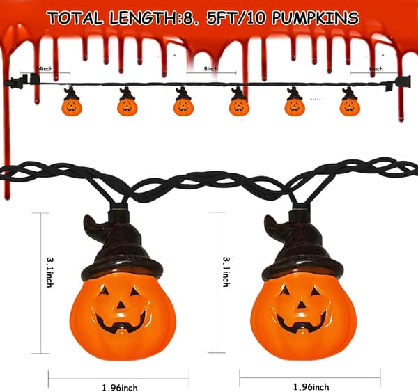 Halloween Pumpkin Hat String Lights, 2.6m Outdoor Halloween Decorations String Lights with 10 LED Jack-O'-Lantern Lights, Connectable Pumpkin with Hood