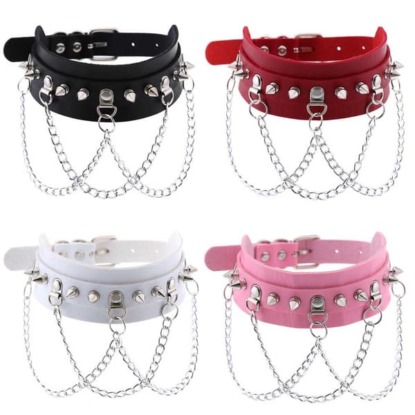 Gotisk spiknit med 3-lagers kedja, justerbart punk PU-läderhalsband