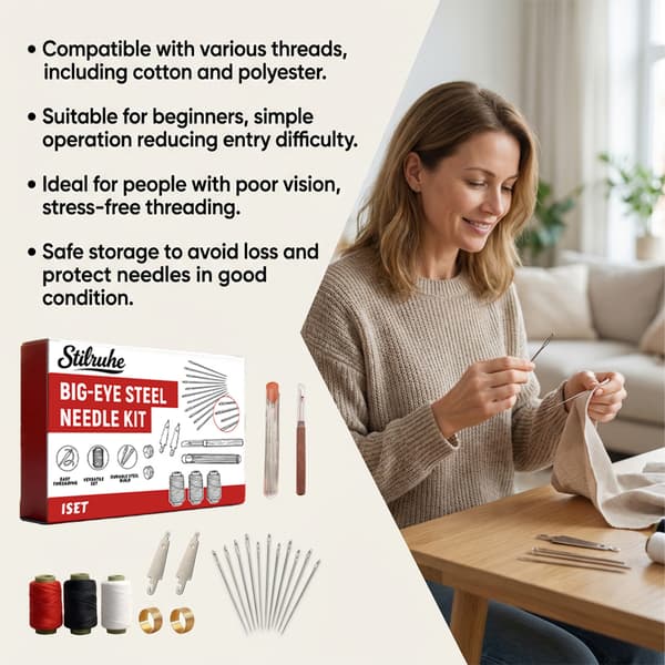 Large Eye Steel Sewing Needles Set Stainless Steel Hand Sewing Needles Beginner Set Steel Needles, Thread Cutter, Needle Threader, Bobbin