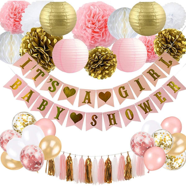 Tyttöbabyshower-koristeet - Vaaleanpunainen ja kulta - Baby Shower -koristeet, 'Se on tyttö' -lippu ja paperilyhdyt