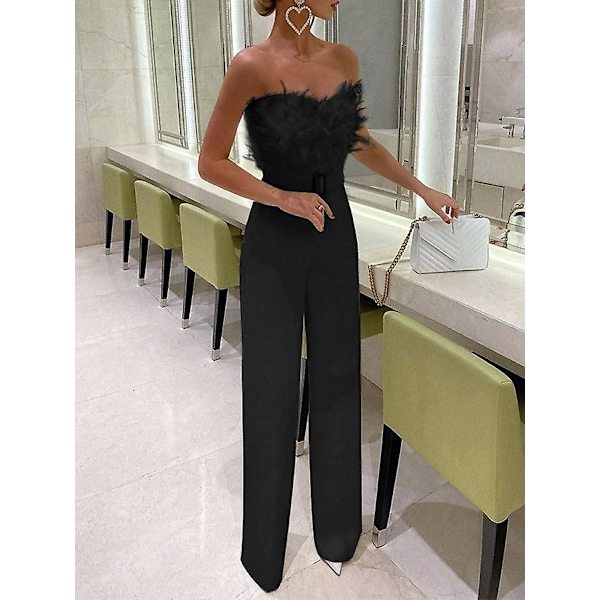 Jumpsuit til kvinder Lang Jumpsuit Stropløs Skrå Hals Fjer Tube Top Sexy Fest XL Sort black XL